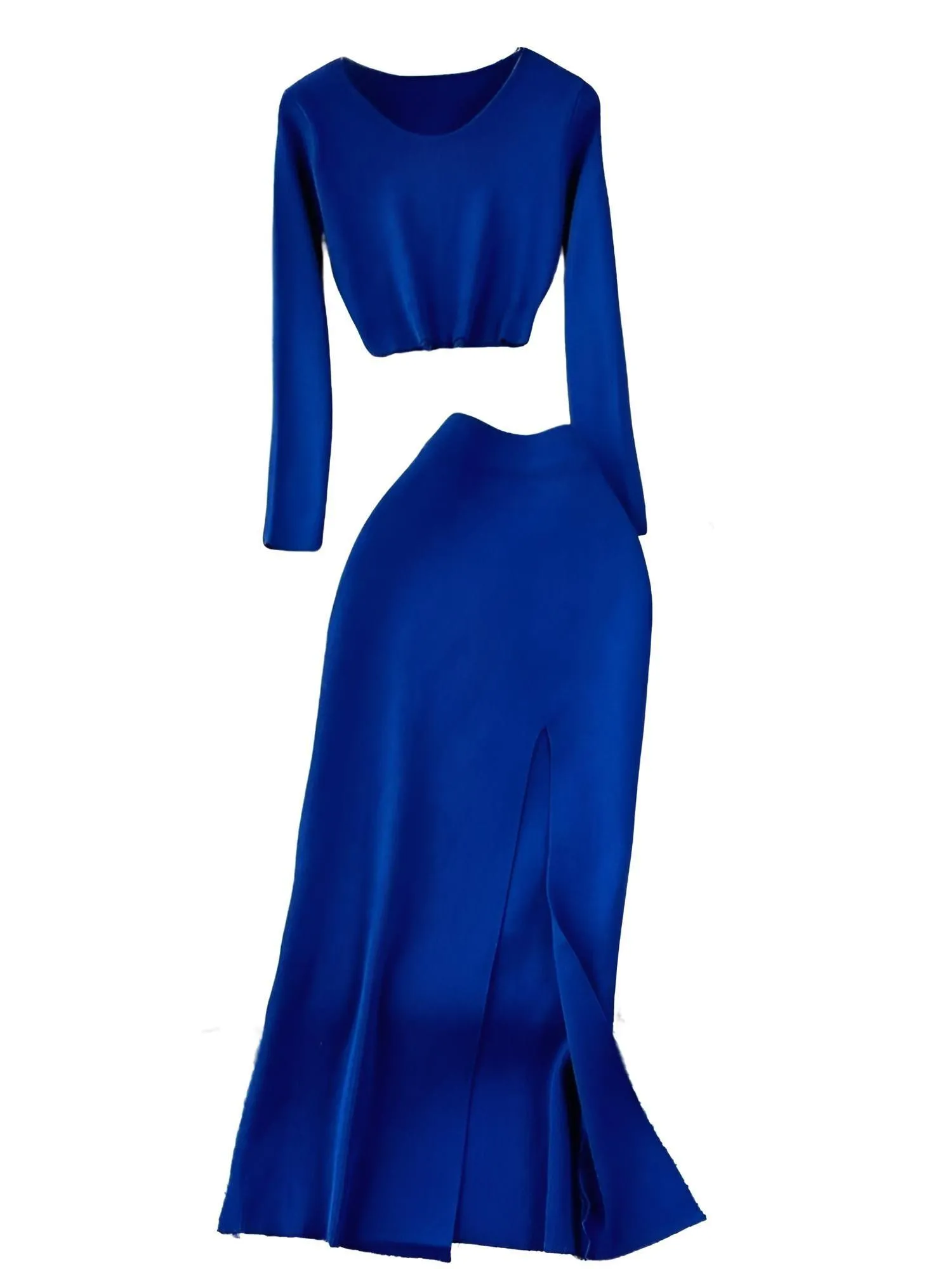 Women's Two Piece Skirt Suits Long Sleeves Knit Top   Split Long Skirt Sets