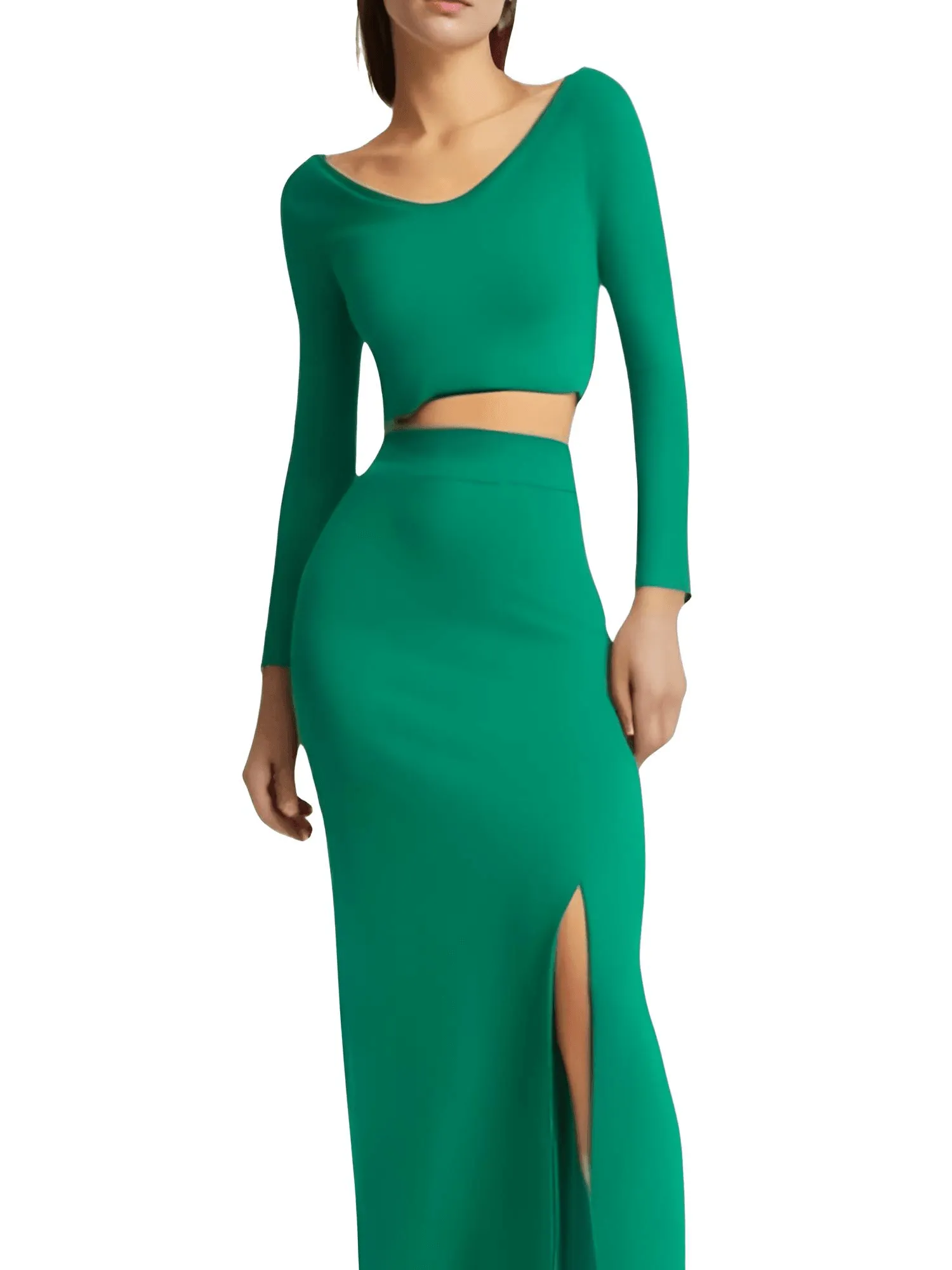 Women's Two Piece Skirt Suits Long Sleeves Knit Top   Split Long Skirt Sets