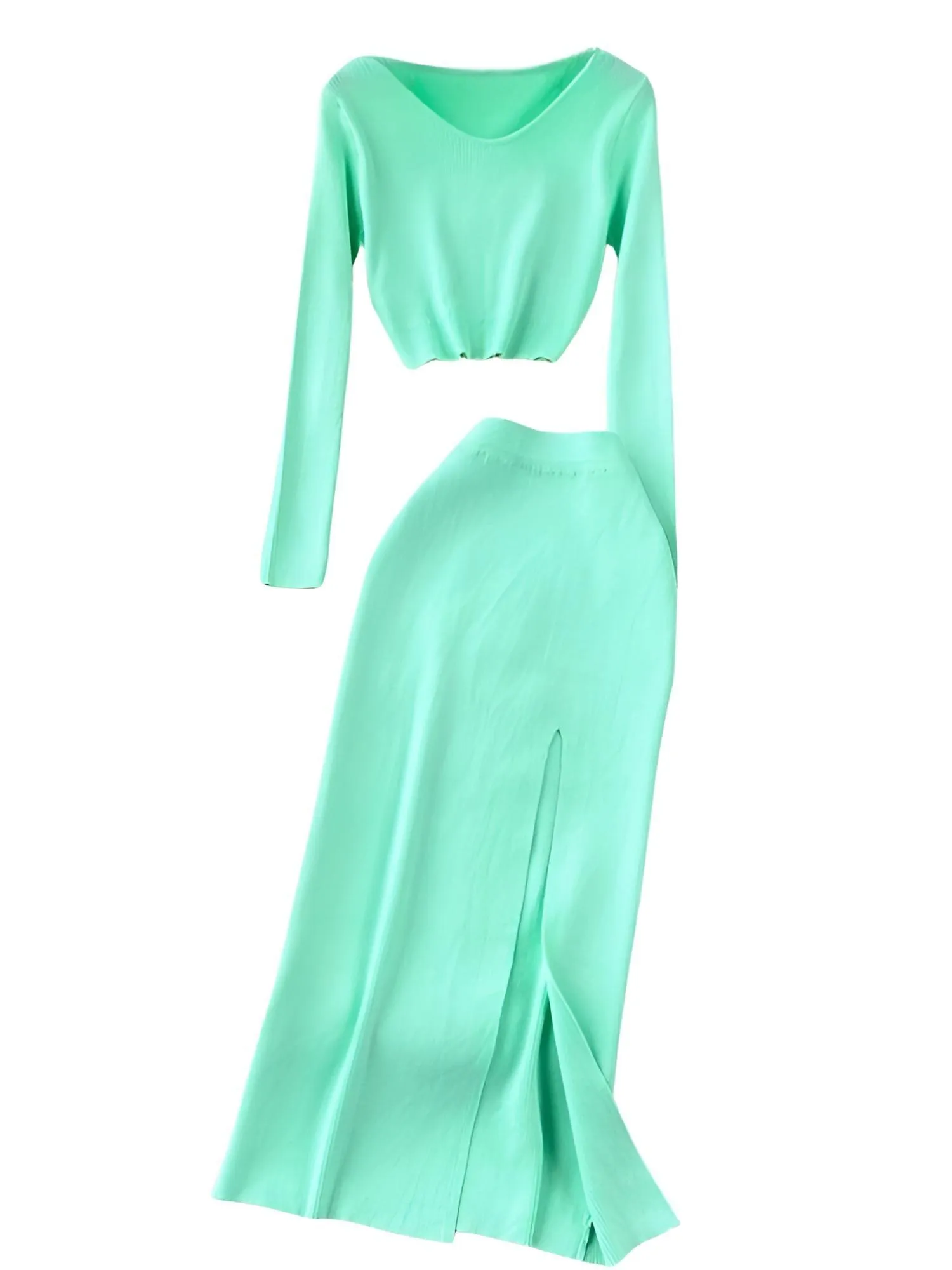 Women's Two Piece Skirt Suits Long Sleeves Knit Top   Split Long Skirt Sets