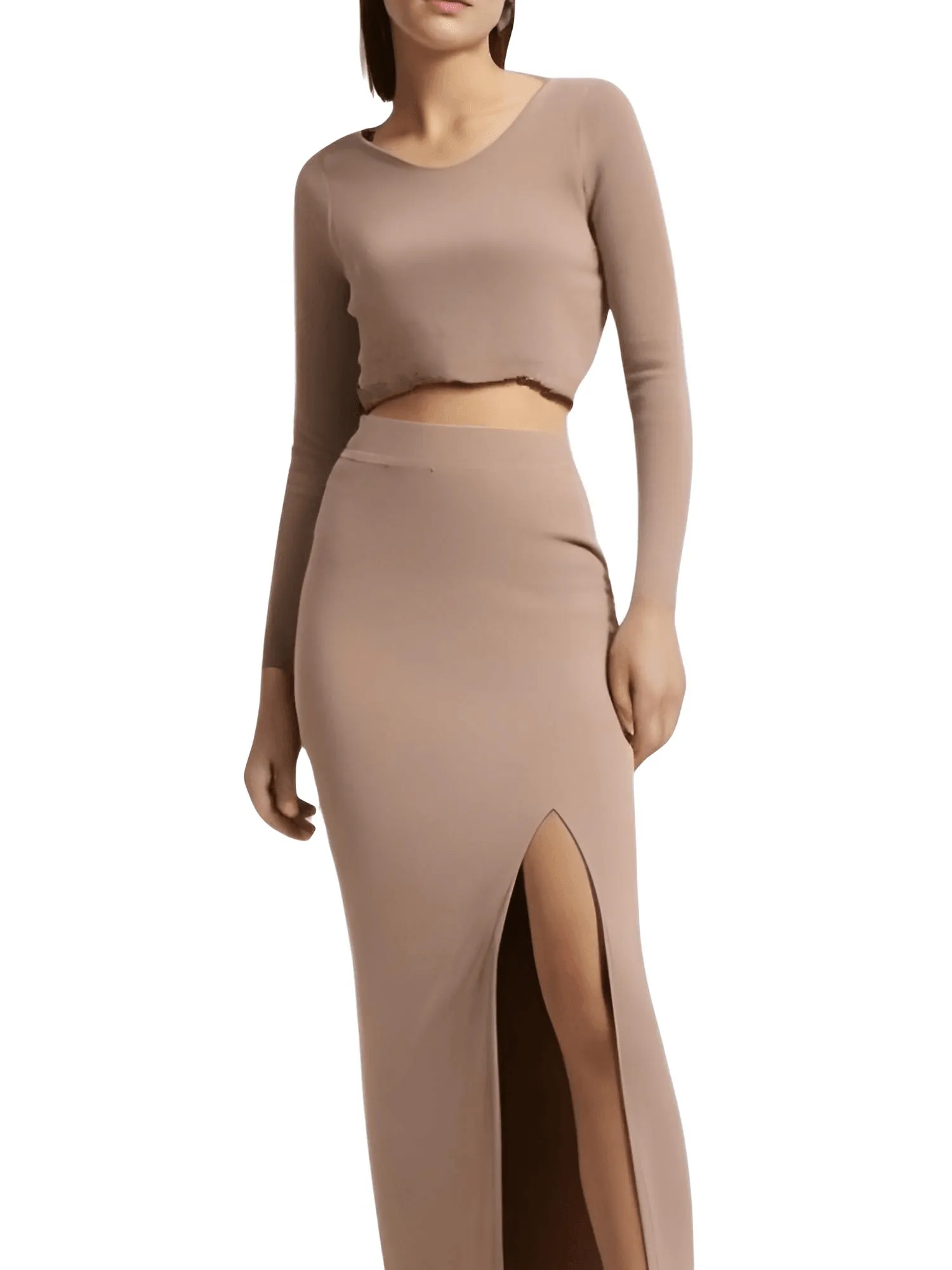 Women's Two Piece Skirt Suits Long Sleeves Knit Top   Split Long Skirt Sets