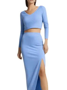 Women's Two Piece Skirt Suits Long Sleeves Knit Top   Split Long Skirt Sets