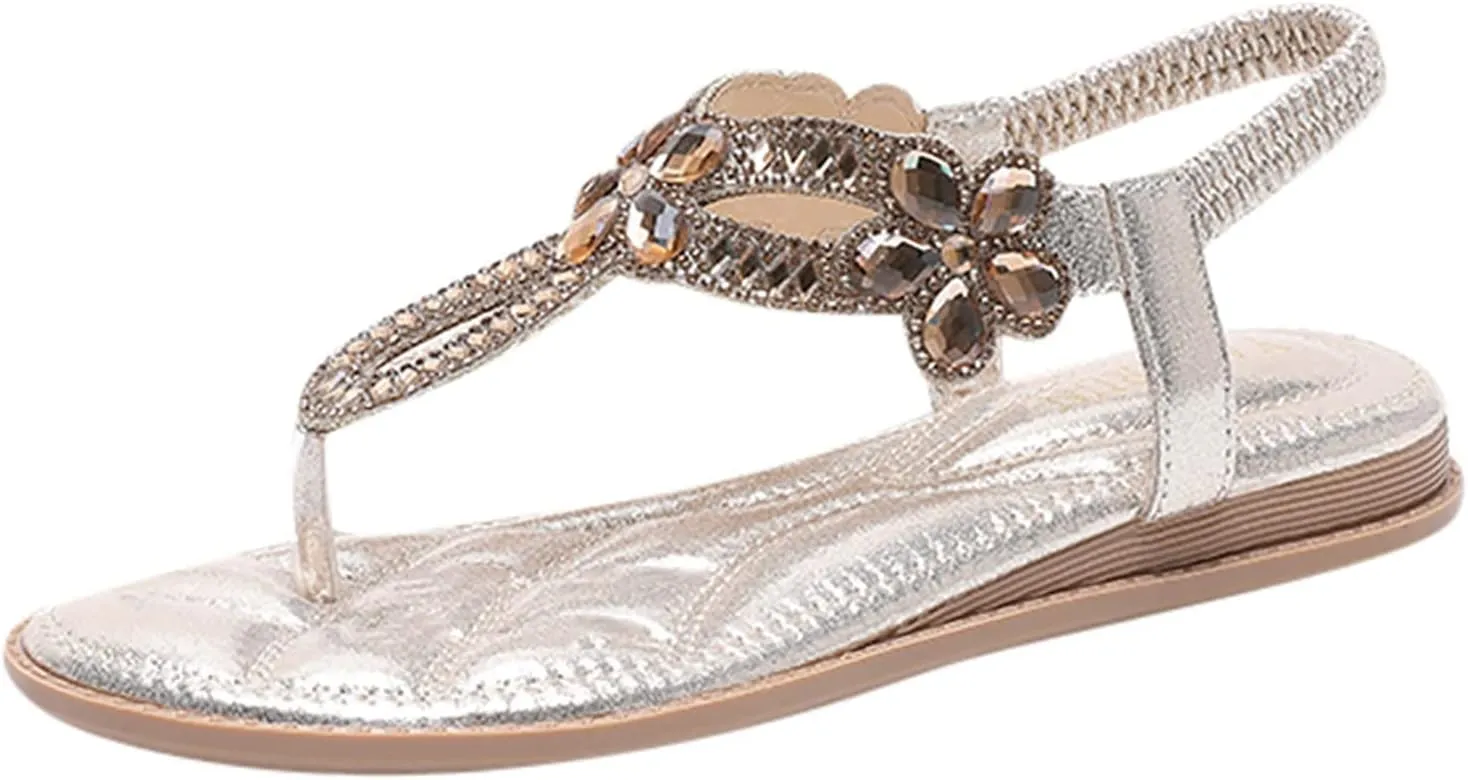 ZBYY Women's Bohemia Beach Flat Sandals Summer Beaded Crystal Open Toe Elastic Ankle T-Strap Thong Casual Dress Sandals