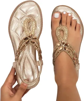 ZBYY Women's Bohemia Beach Flat Sandals Summer Beaded Crystal Open Toe Elastic Ankle T-Strap Thong Casual Dress Sandals